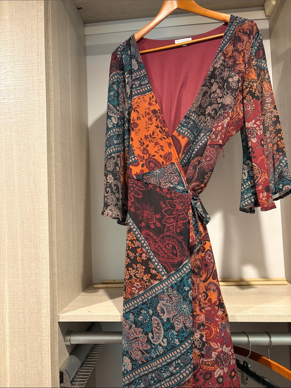 High-Low Wrap Dress in Burgundy Multi